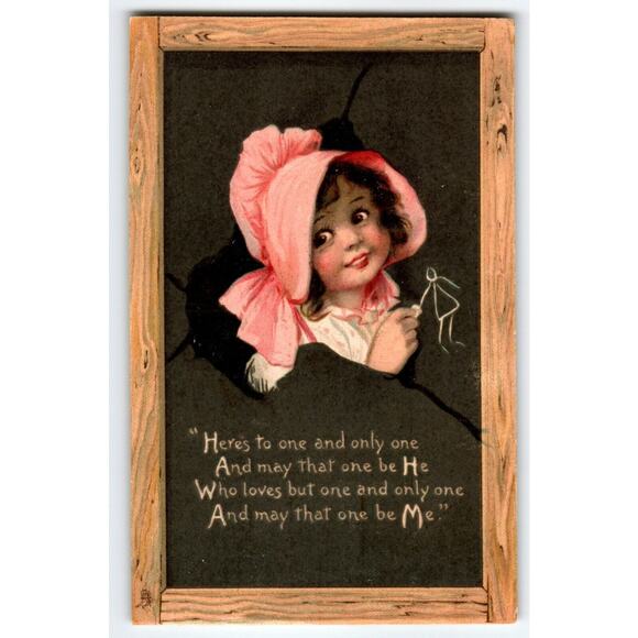Frances Brundage Girl In Bonnet Pokes Through Slate Valentine 101 Postcard Tuck - Picture 1 of 2